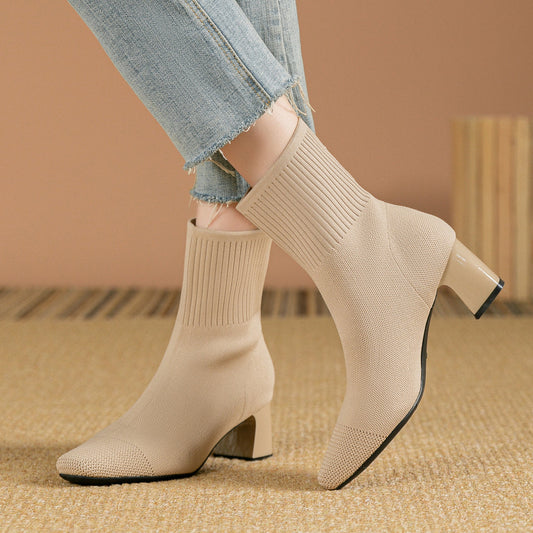 Bottes fines à talons épais et élastiques